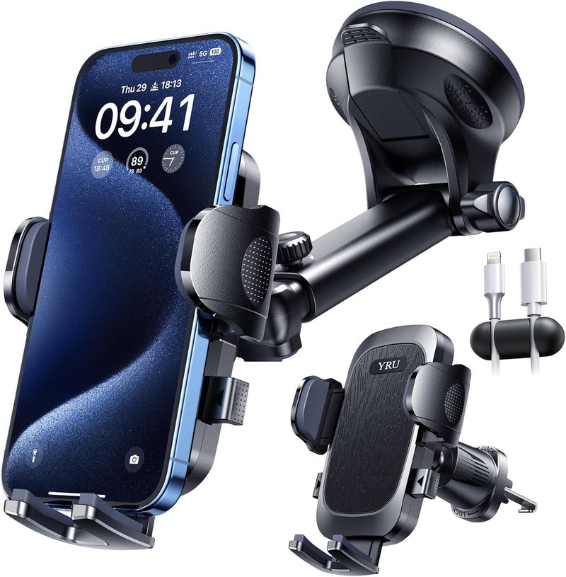 YRU True Military-Grade [360° Rotation Suction] 2025 Ultimate Car Phone Holder Mount 【90+LBS Safest Strongest & Patent Certs】 Dashboard Windshield Vent for iPhone 17 16 Pro Max Samsung, Jet Black - Image 1